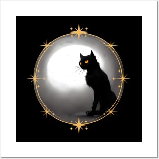 Mysterious black cat full moon in dark atmosphere with stars frame Posters and Art